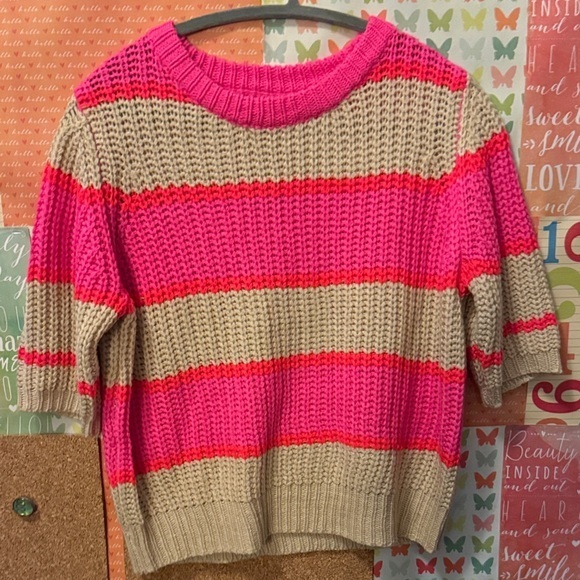 BiBi Sweaters - Bibi Striped Pink and Tan short sleeve Women's Sweater Size Small